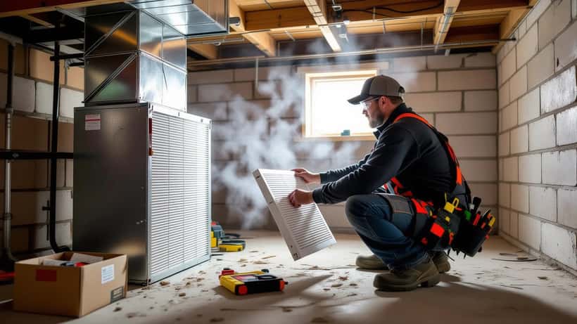 HVAC technician installing a MERV 13 furnace filter to block wildfire smoke in an Ottawa home