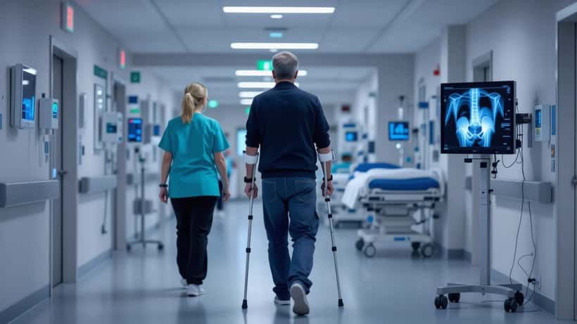 Mand på krykker i genoptræning på hospital med røntgenbillede af hofte