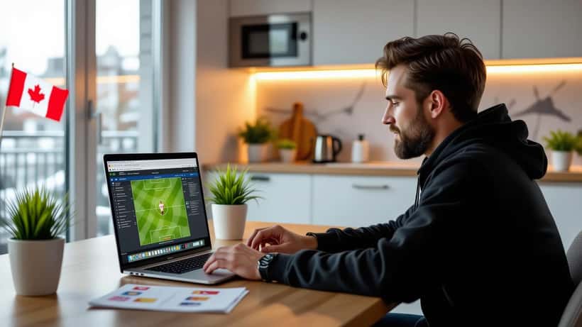 Canadian man checking FIFA World Cup 2026 live score and sports betting app on laptop in Toronto apartment, printed betting terms on table