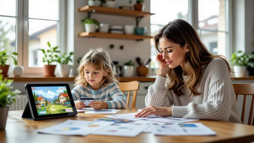 Mutter prüft Kreditkartenabrechnung am Küchentisch, Tablet mit Mobile Game im Hintergrund, Wien 2026