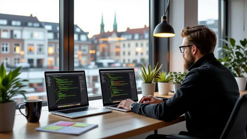 IT-konsulent ser på fejlmeldinger på to bærbare computere i et moderne kontor i København under et Discord-nedbrud