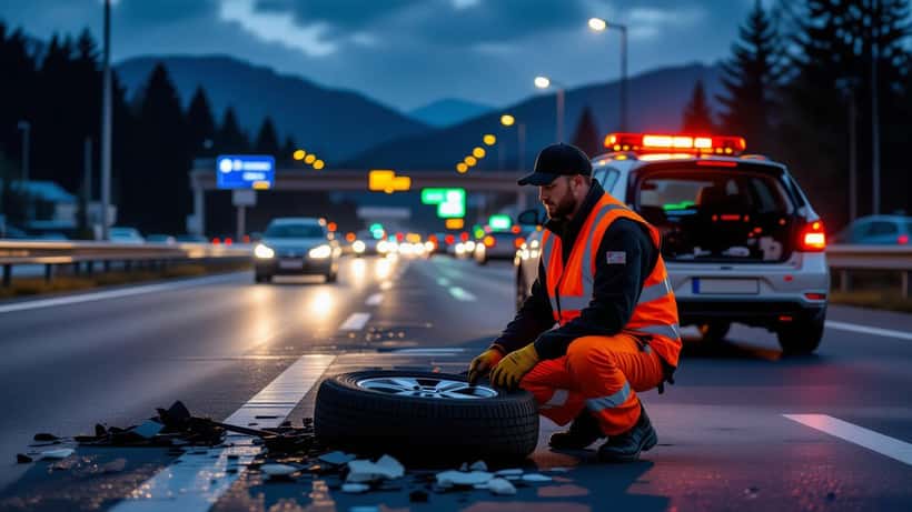 Kfz-Techniker in oranger Warnweste beim Panneneinsatz auf dem Autobahnpannenstreifen bei Nacht