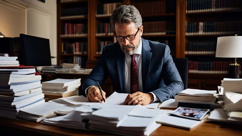 Canadian lawyer reviewing social media screenshots at a desk in a Toronto law office, surrounded by legal files