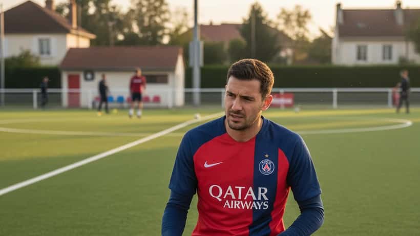 Footballeur amateur assis sur un banc, tenant son ischio-jambier après une blessure