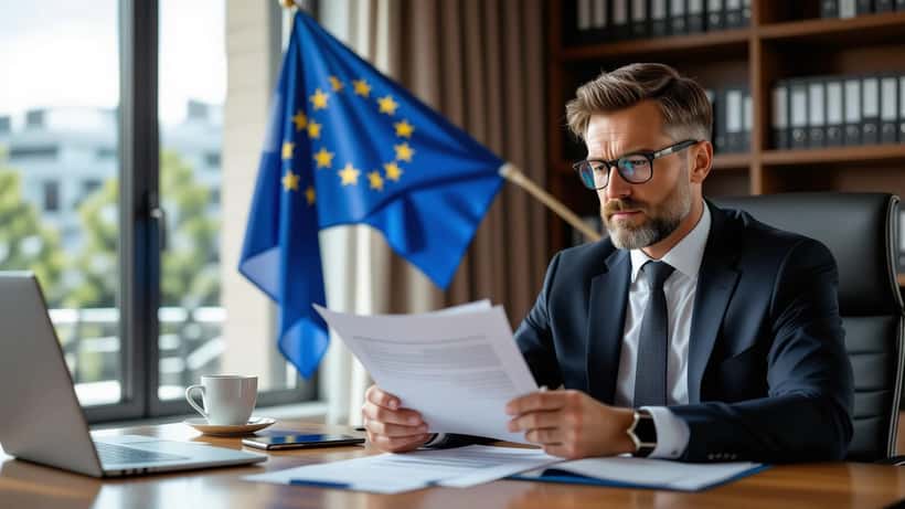 Lakiasiantuntija tutkii kansainvälisiä pakotedokumentteja toimistossa, EU-lippu taustalla
