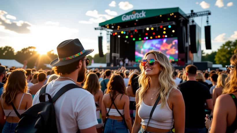 Foule joyeuse au festival Garorock 2026 à Marmande au coucher du soleil
