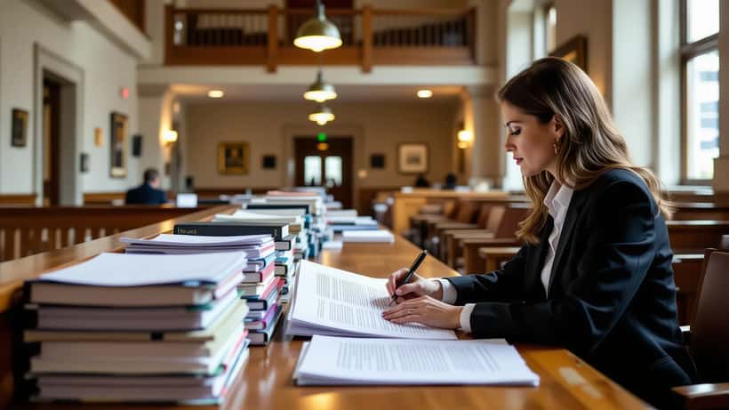 Defence lawyer reviewing Canadian Charter of Rights documents in a courthouse corridor