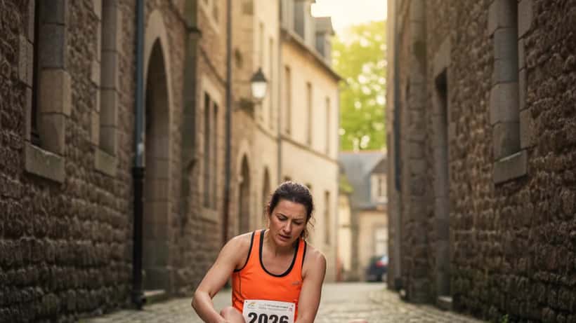 Coureuse assise sur les pavés de Vannes après une blessure à la cheville pendant le trail urbain 2026