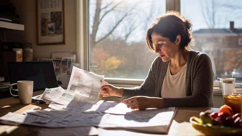 Femme canadienne consultant ses relevés de prestations et son budget alimentaire sur un ordinateur portable