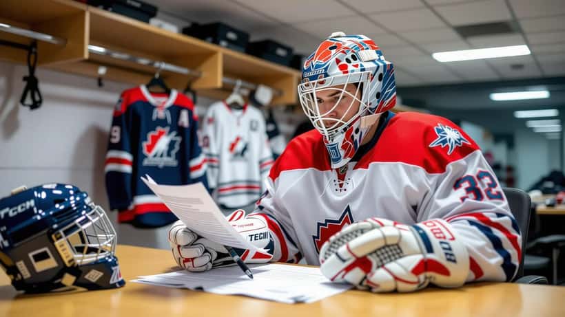Nuori jääkiekkoilija tarkistaa ammattilaissopimustaan pukukopissa ennen Liiga-ottelua