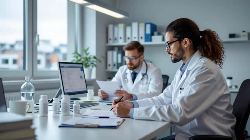 Beroendespecialist granskar patientjournal med receptbelagda läkemedel på skrivbordet, klinisk miljö i Stockholm