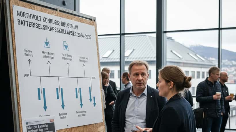 Infotavle om Northvolt-konkursen – illustrerer nordiske batteriselskapers kollapsbølge 2024-2026