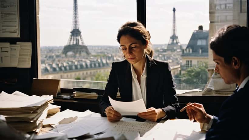 Femme consultant un avocat dans un bureau parisien pour un contrat artistique, documents légaux sur la table