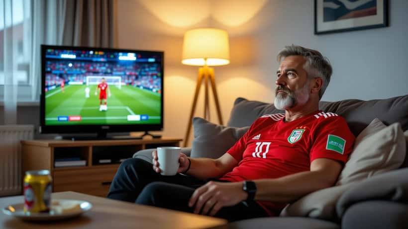 Supporter suisse regardant Suisse-Algérie CM2026 la nuit, tenant sa poitrine, gestion du stress cardiaque