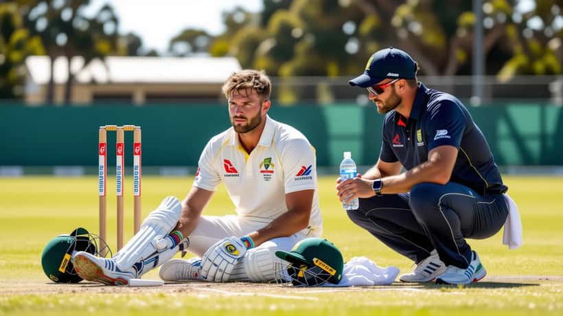 Australian cricketer in white kit sitting exhausted at boundary with team physio offering water in hot summer conditions