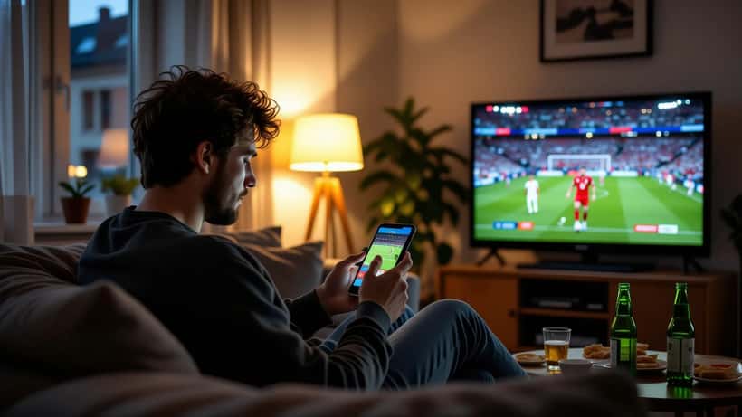 Man kontrollerar livescore-app på telefon i mörkt rum sent på natten under VM 2026