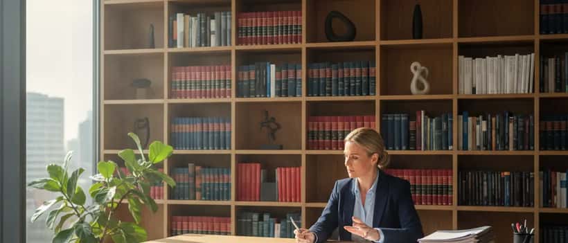 Een Nederlandse advocaat in familierecht bekijkt documenten aan haar bureau