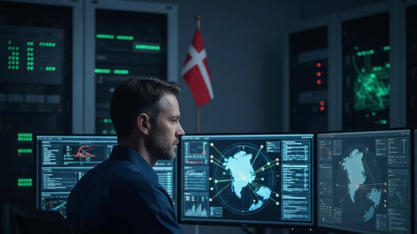 Dansk IT-sikkerhedsspecialist ved computerskærme i cybersikkerhedsoperationscenter i København