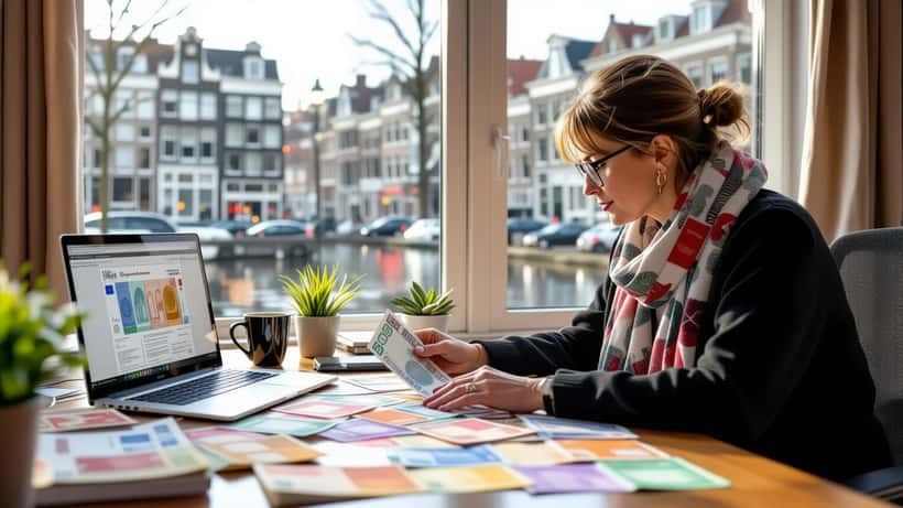 Vrouw bekijkt nieuwe eurobiljetten op kantoor met ECB-website op laptop