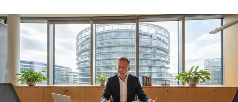 EU-Flaggen vor dem Europäischen Parlament in Brüssel während des Notfall-Gipfels zur Ungarn-Krise im März 2026