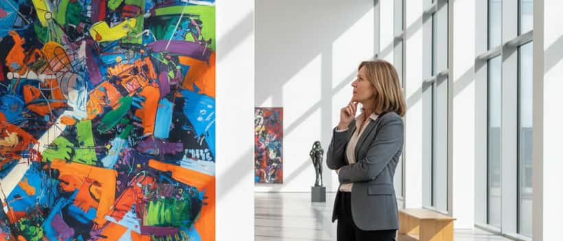 Femme examinant une peinture colorée dans une galerie d'art lumineuse au Grand Palais Paris