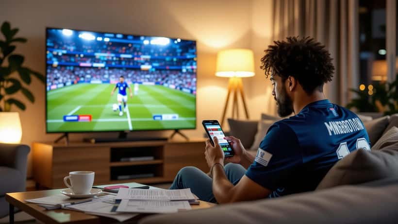 American man checking sports betting app on phone during Norway vs Denmark Nations League match