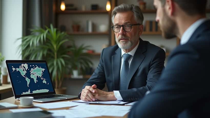Österreichischer Geschäftsmann prüft Exportdokumente und Zollunterlagen in einem Wiener Büro