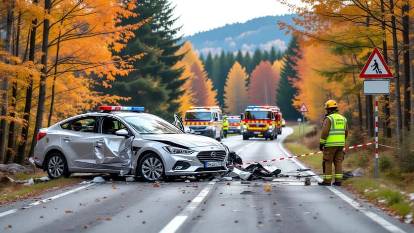 Verkehrsunfall auf einer österreichischen Landstraße im Herbst mit Einsatzfahrzeugen
