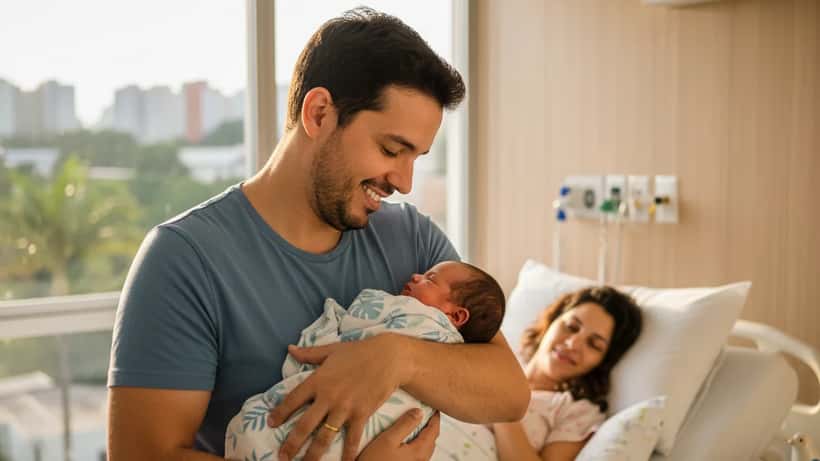Pai brasileiro segura recém-nascido em quarto de maternidade em São Paulo