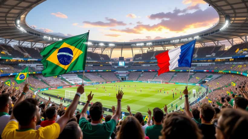 Torcedores brasileiros e franceses em estádio lotado durante a Copa do Mundo 2026