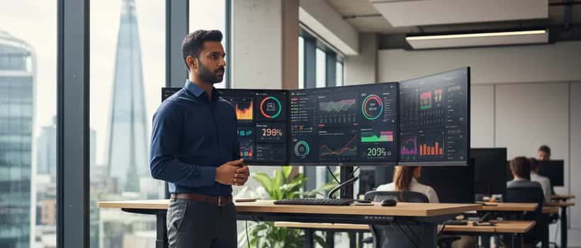 UK IT specialist reviewing social media dashboards on multiple monitors in a London office