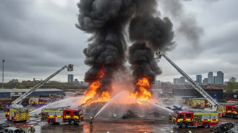 60 firefighters battling a large industrial fire at a Birmingham scrapyard with multiple fire engines deployed