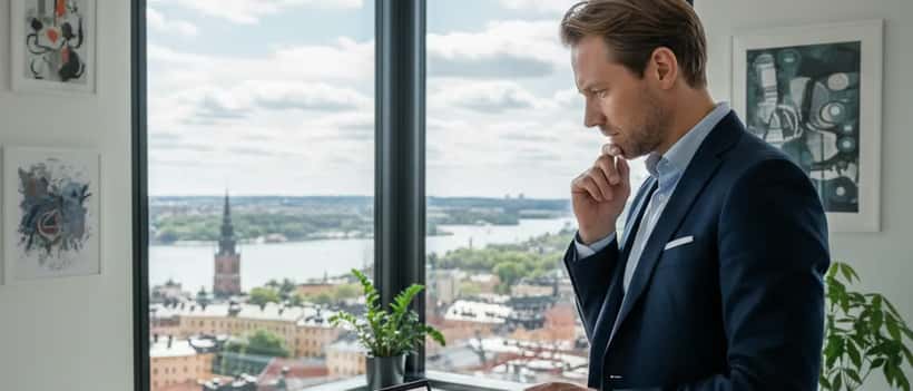 Finansiell rådgivare granskar investeringsportfölj på laptop i Stockholmskontor