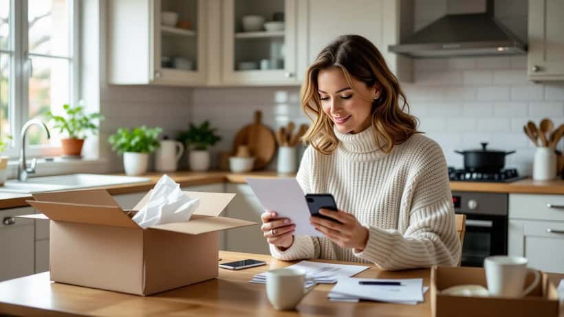 Consumer examining flash sale purchase with return policy document on kitchen table