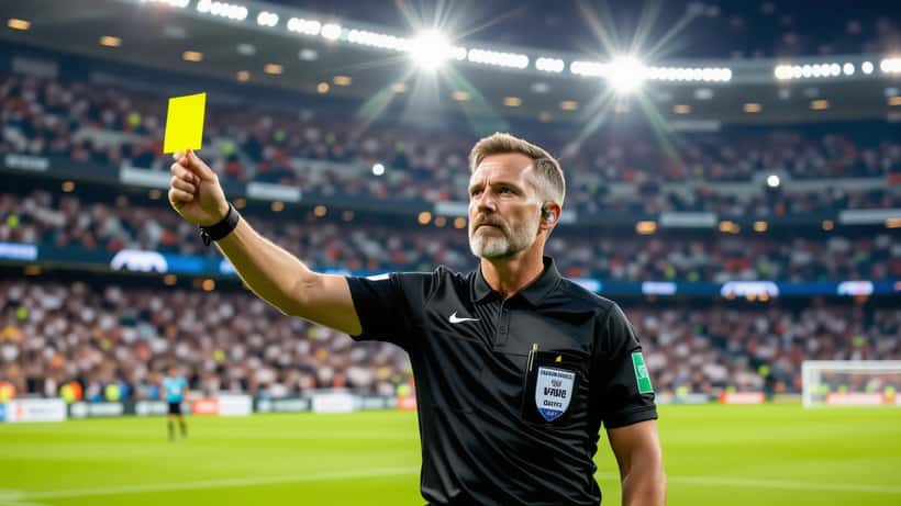 Fotballdommer i svart drakt viser gult kort under en VM-kamp på et fullsatt stadion om kvelden