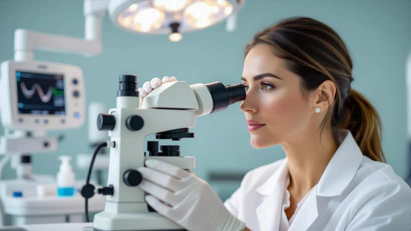 Dermatologa italiana esamina la pelle del viso di un paziente con dermoscopio in una clinica di Milano