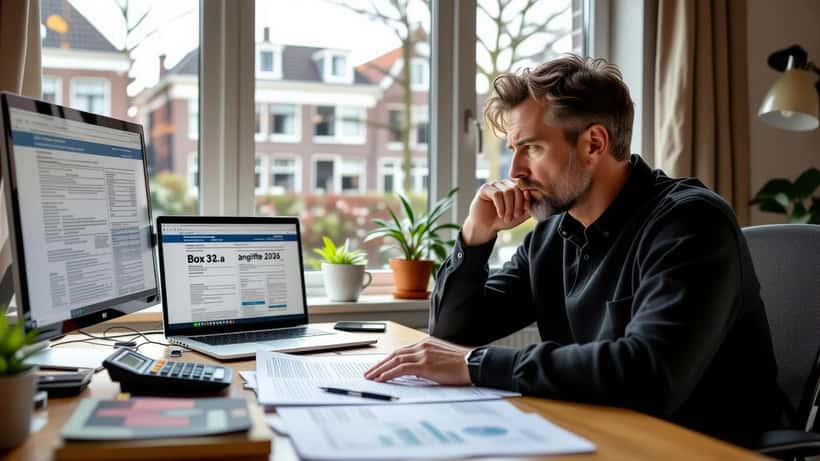Nederlandse man bekijkt box 3 belastingformulieren aan bureau