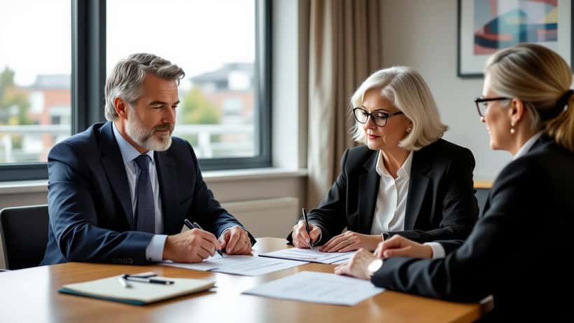 Solicitor helping elderly patient review Lasting Power of Attorney documents in an NHS hospital meeting room