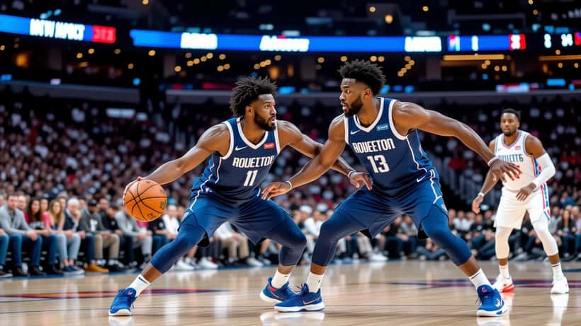 Basketball player in intense defensive stance pressing opponent on NBA playoff court with packed arena crowd