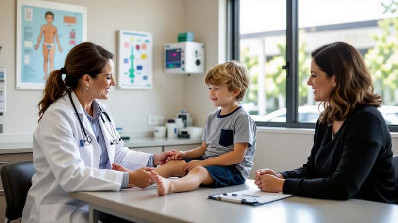 Paediatrician conducting a health check on an 11-year-old child at an Australian GP clinic
