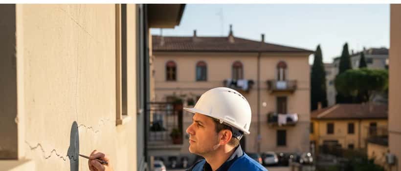 Artigiano edile italiano con elmetto che ispeziona crepe sul muro esterno di un edificio residenziale dopo un'esplosione
