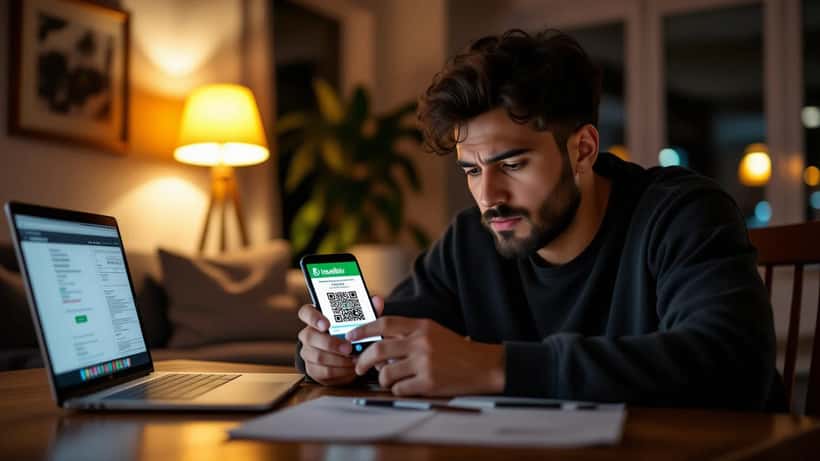Worried Liga MX fan at night checking a suspicious ticket QR code and lookalike ticketing site on his phone and laptop