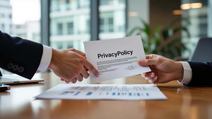 Hands holding legal documents and a privacy policy on a boardroom table in a Melbourne office