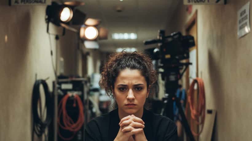 Giovane artista in backstage televisivo sotto pressione