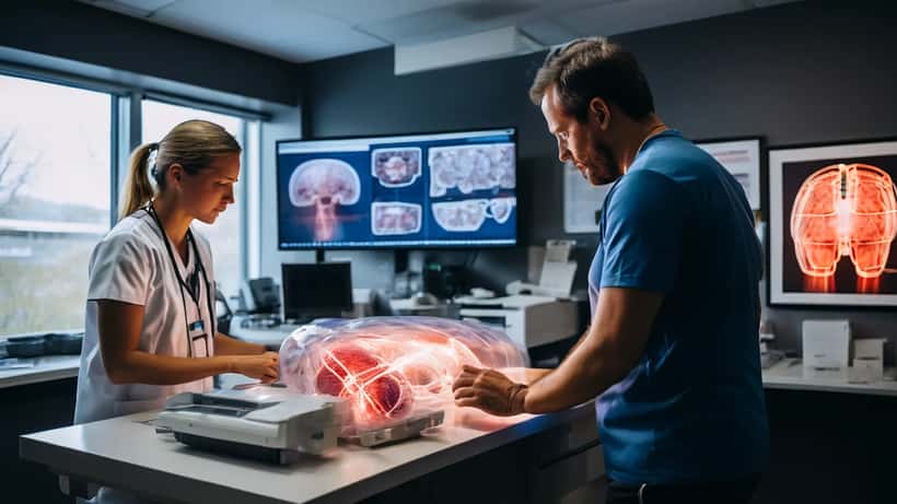 Médecin du sport examinant des radiographies de genou dans une clinique de Toronto