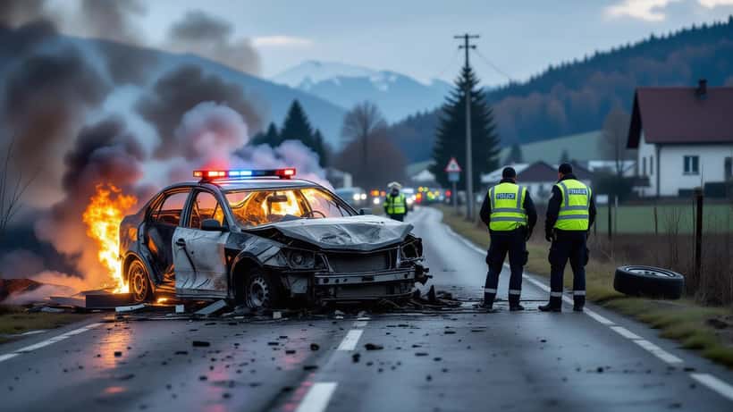 Ausgebranntes Autowrack auf der B299 bei Gebenbach nach tödlichem Frontalcrash, Polizei sichert Spuren