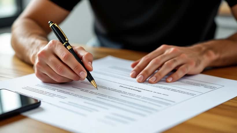 Atleta joven revisando documentos de contrato deportivo en sala de reuniones de equipo NFL con casco de fútbol americano en la mesa