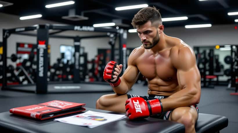 MMA fighter reviewing insurance documents beside gloves at a gym bench, UFC octagon in background