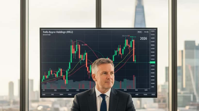 British wealth manager in London City office reviewing stock charts with Rolls-Royce data