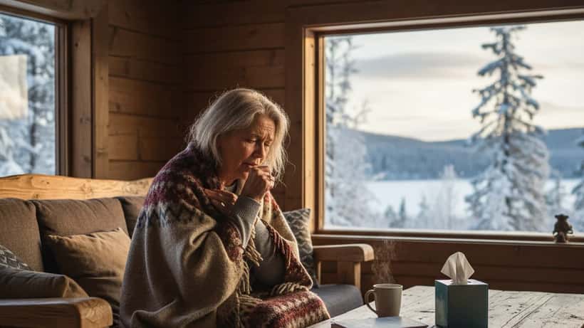 Eldre norsk kvinne innpakket i teppe på sofa, hoster i albuen, påskeferie